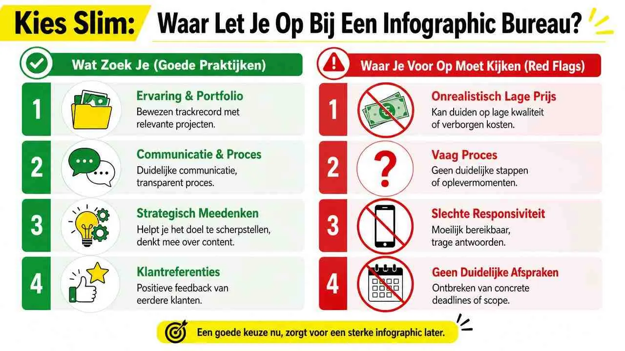 Een infographic die toont waar je op moet letten bij het kiezen van een infographic bureau.