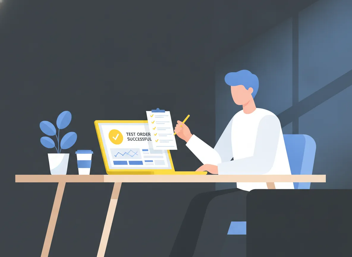 Ondernemer test een bestelling in de nieuwe Shopify-shop voor de livegang