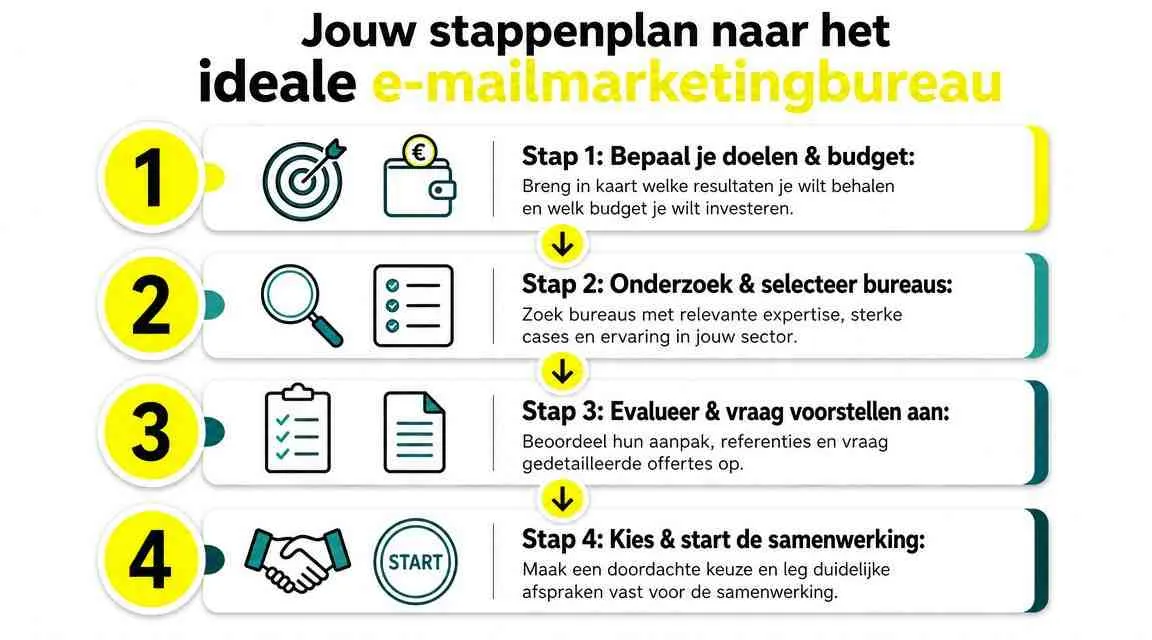 Een stappenplan met vier fasen voor het kiezen van een ideaal e-mailmarketingbureau voor jouw bedrijf.