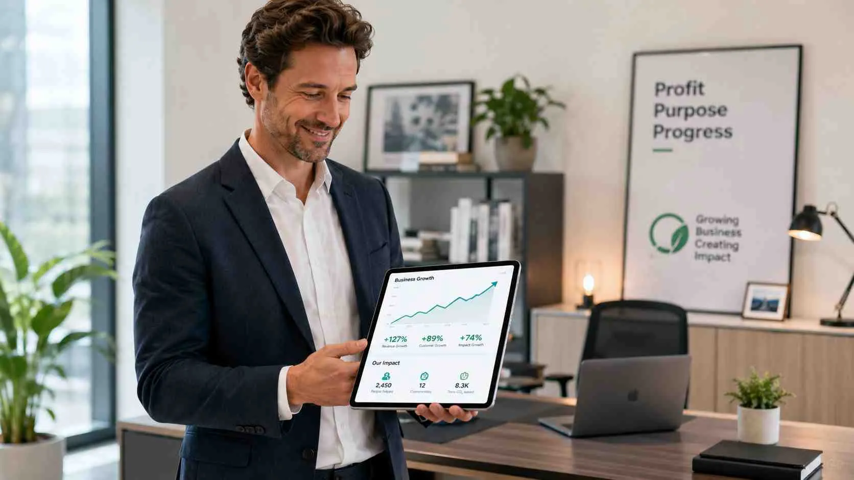 Een zakelijke man toont groeistatistieken en maatschappelijke impact op een tablet in een modern kantoor.
