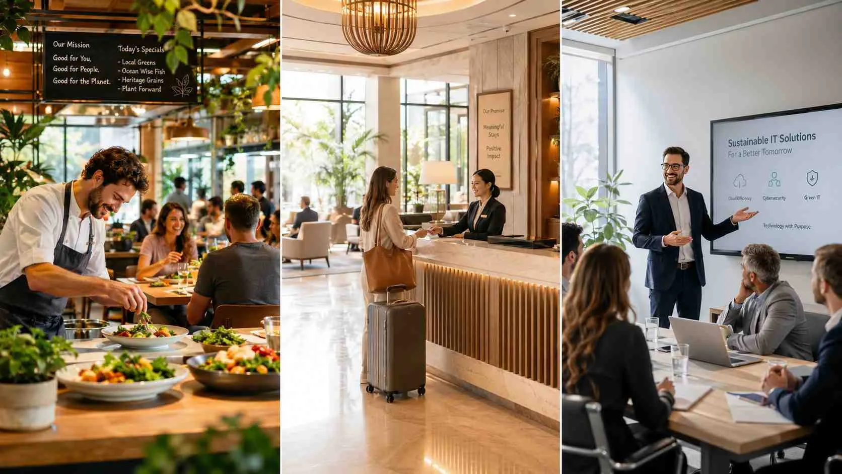 Drie beelden tonen professionele bedrijfsomgevingen met aandacht voor maatschappelijke verantwoordelijkheid, duurzaamheid en klantenservice in diverse sectoren.