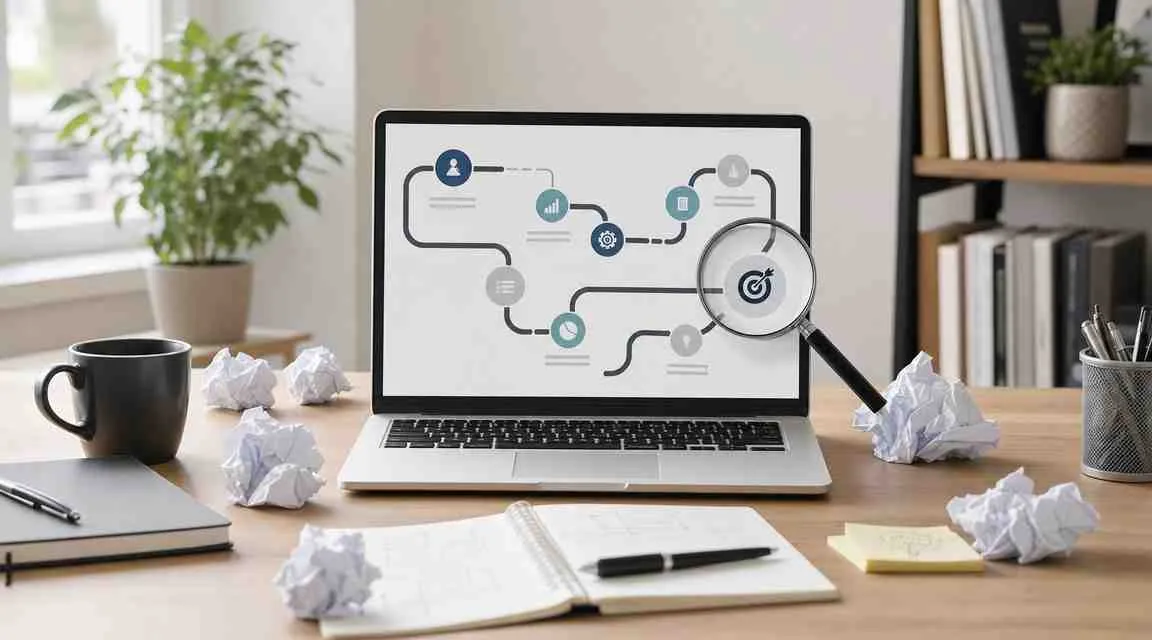 Een laptop op een bureau met een zakelijk procesdiagram op het scherm en verfrommeld papier.