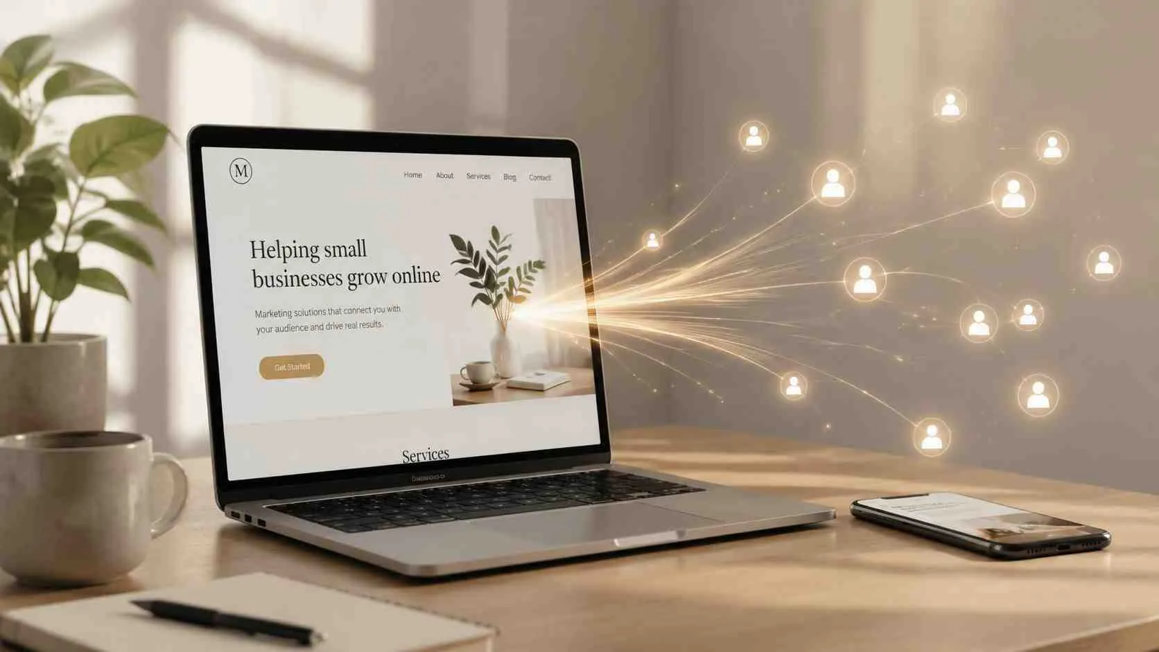 Een laptop op een bureau die online marketingdiensten en zakelijke netwerken voor kleine bedrijven visualiseert.