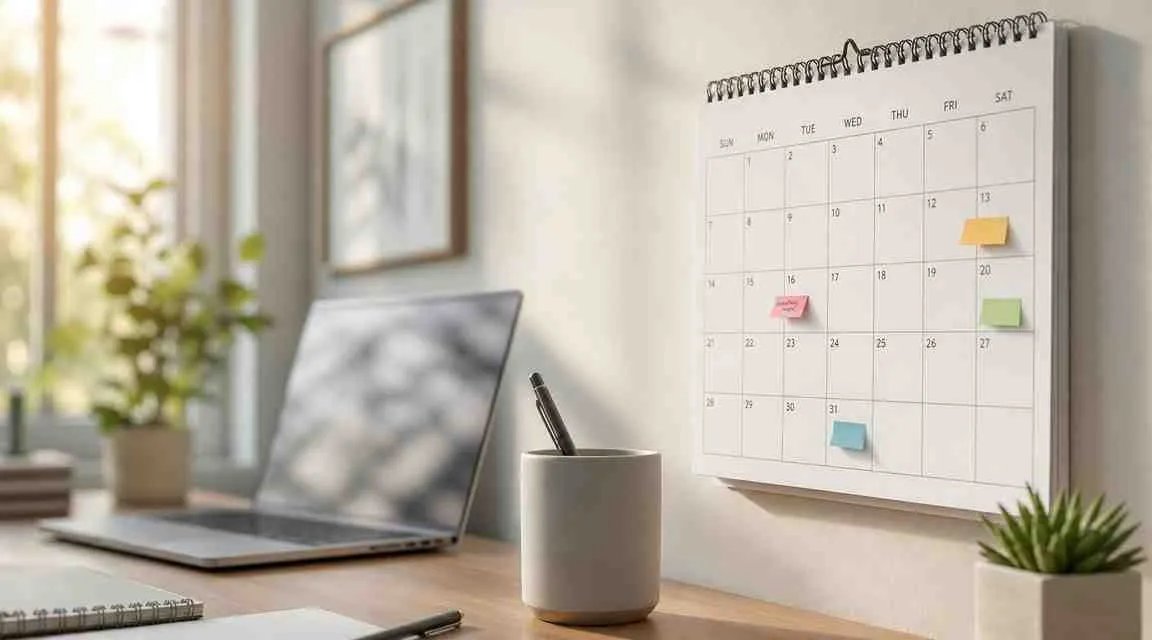 Een rustig bureau met een laptop, een kalender aan de muur en planten voor productiviteitsplanning.