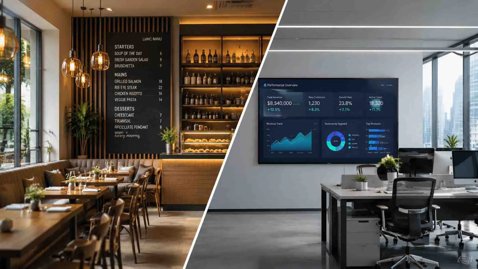 Een gespleten afbeelding toont links een sfeervol restaurant en rechts een modern kantoor met bedrijfsstatistieken.