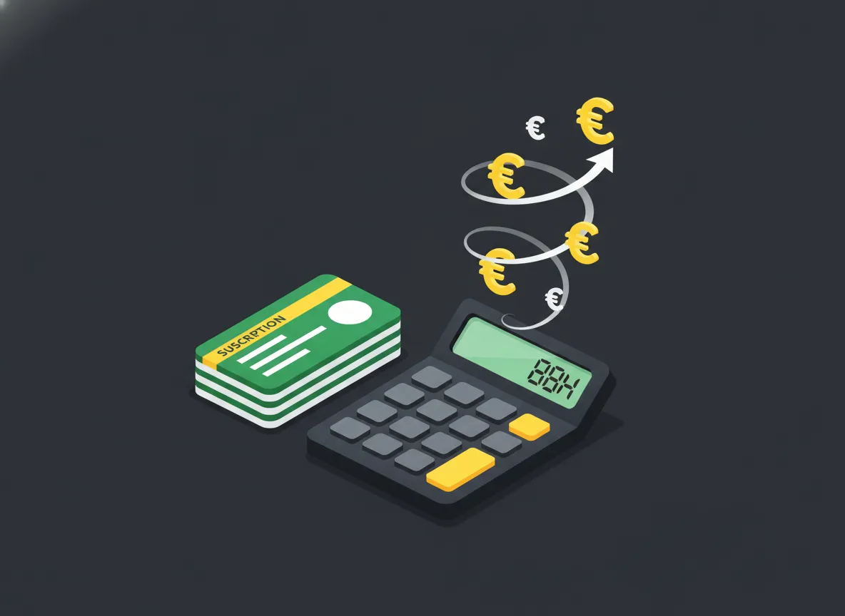 Illustratie van opgestapelde maandabonnementen die samen oplopen op een rekenmachine met euro-tekens