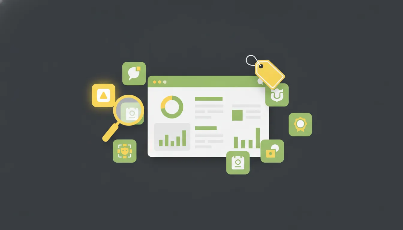 Illustratie van een Shopify-dashboard met app-icoontjes, een prijskaartje en een vergrootglas dat de juiste apps kiest