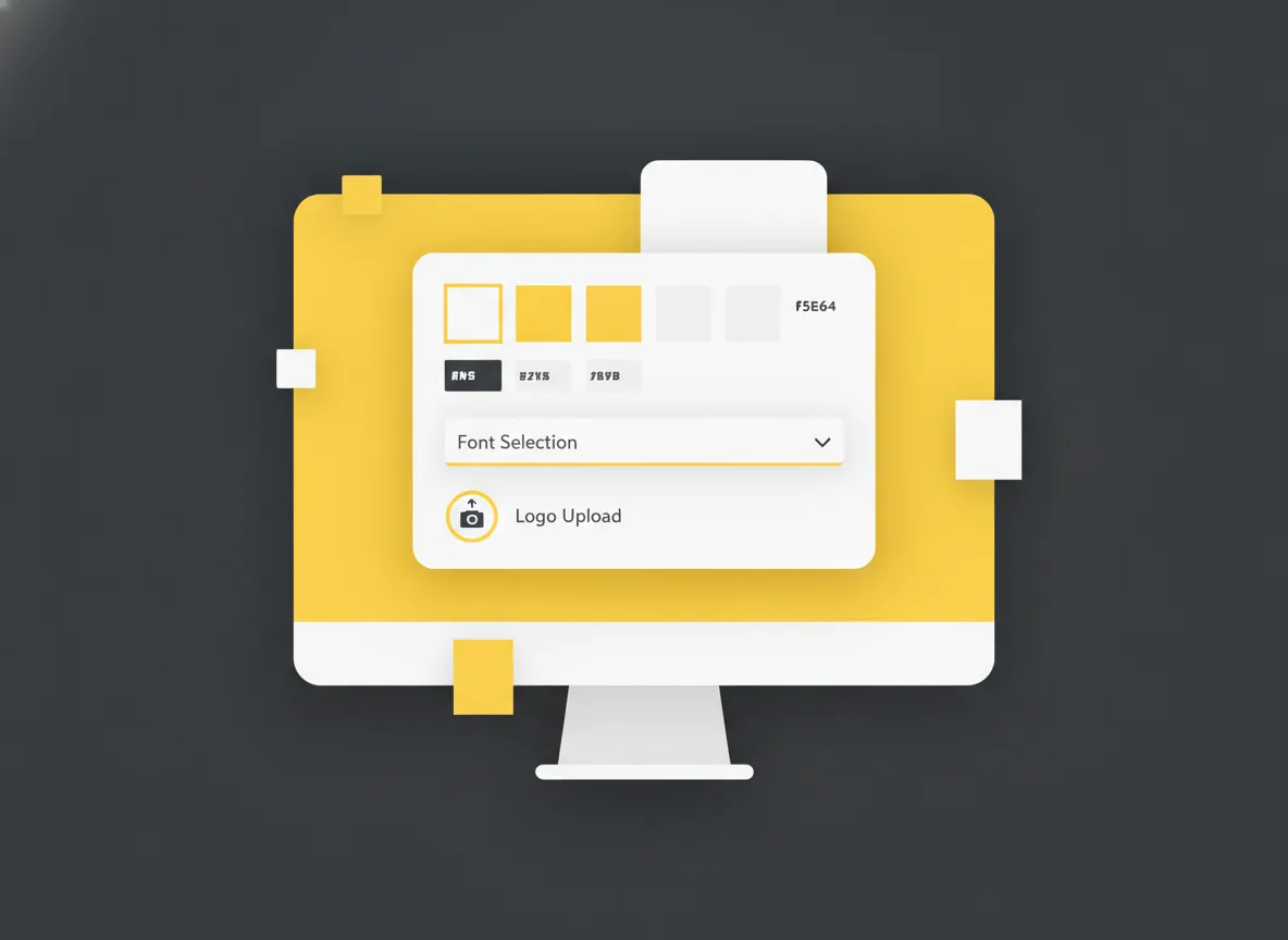 Shopify theme editor met kleurpalet, hex-codes, fontkeuze en logo-instellingen