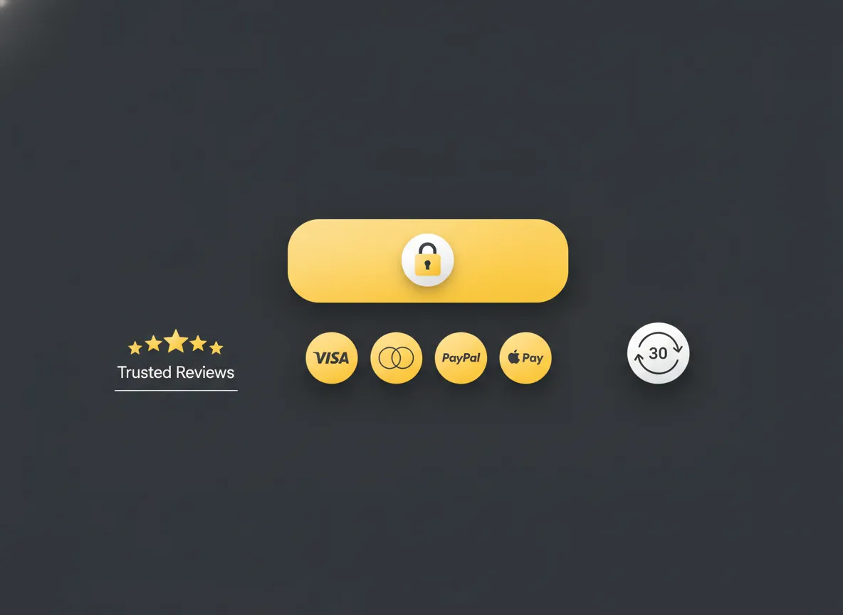 Trust-signalen bij een afrekenknop met betaallogo's, beoordelingen en retourgarantie