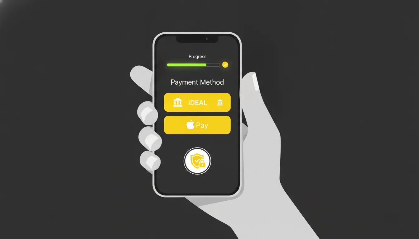 Smartphone toont een Shopify-checkout met iDEAL en Apple Pay en een voortgangsbalk
