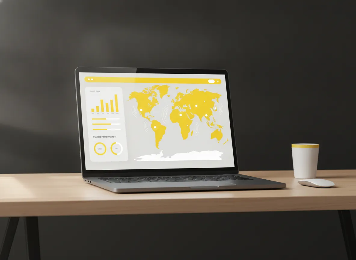 Shopify Markets dashboard met gemarkeerde Europese landen op een laptopscherm
