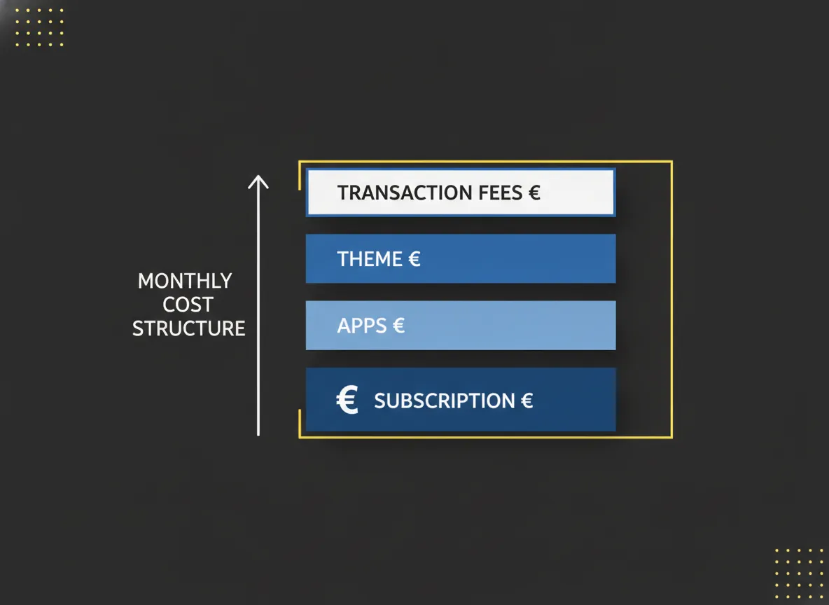 Overzicht van de maandelijkse kosten van een Shopify webshop met abonnement, apps en thema