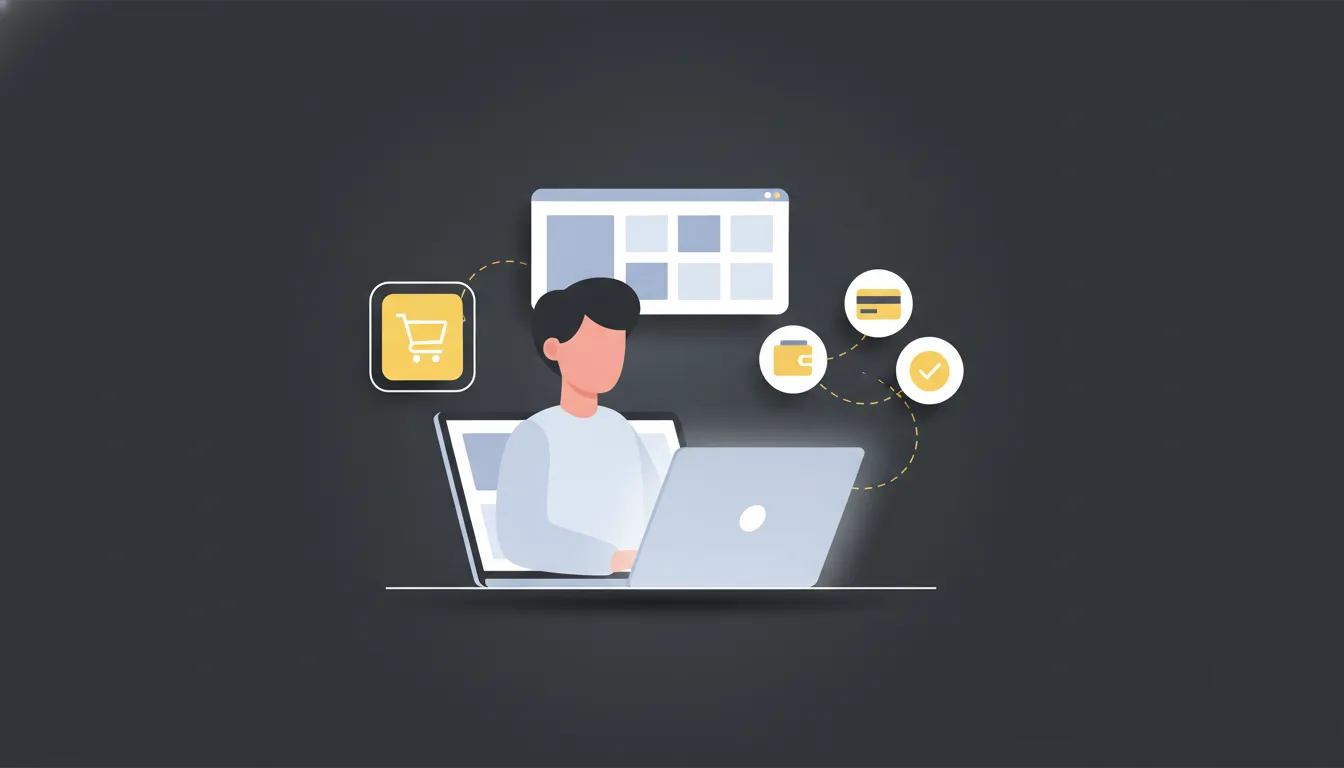 MKB-ondernemer beheert een Shopify webshop op een laptop met productkaarten en betaaliconen