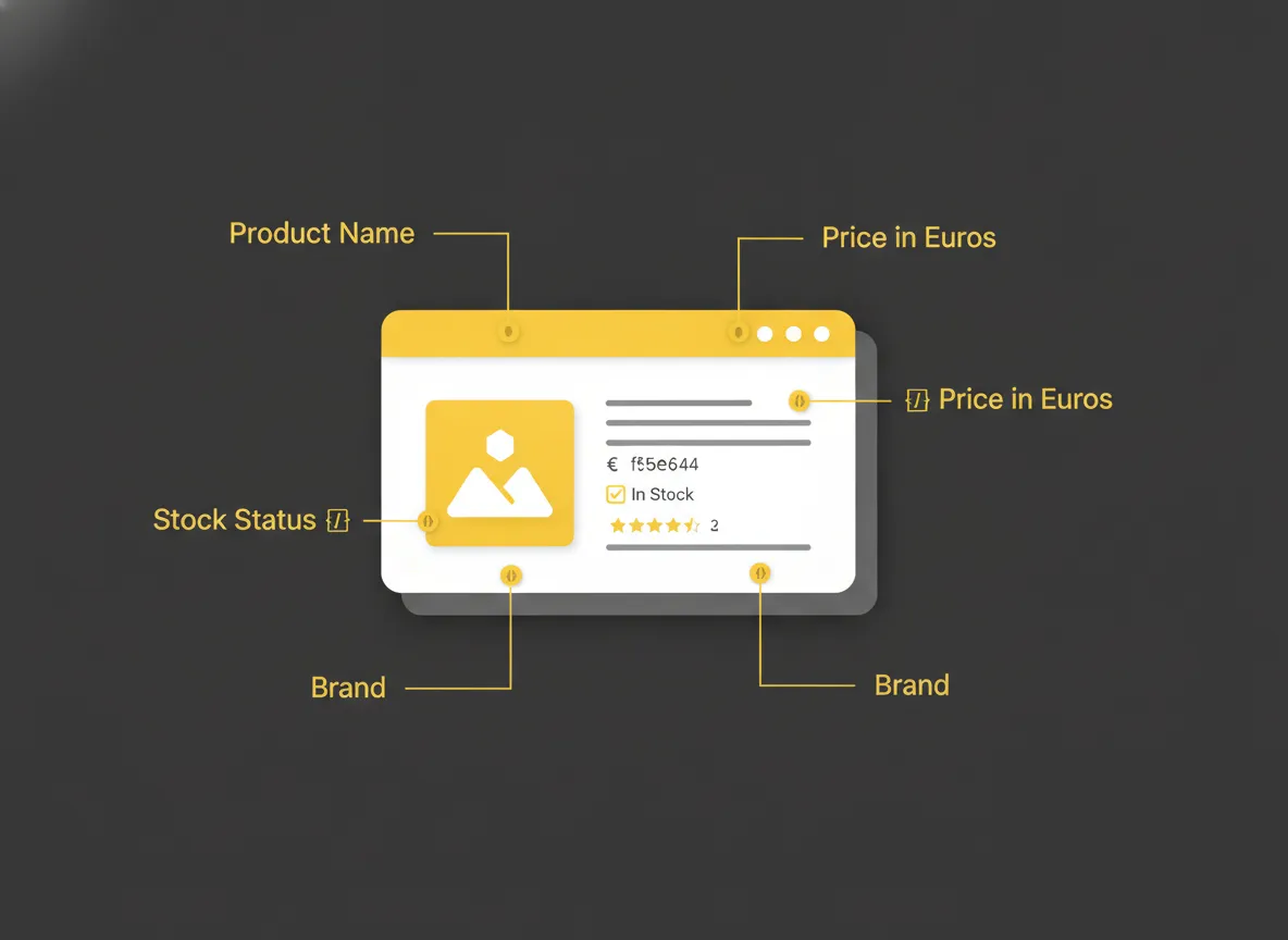 Overzicht van Shopify structured data velden zoals prijs, voorraad en reviews op een productpagina
