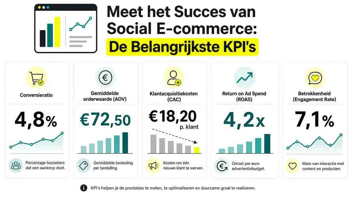 Een infographic met de belangrijkste KPI's voor het meten van succes in social e-commerce marketing.