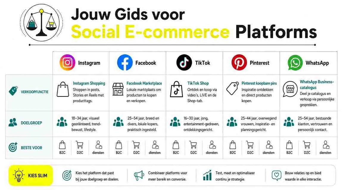 Overzichtstabel met verkoopfuncties en doelgroepen voor diverse social media e-commerce platforms zoals Instagram, Facebook en TikTok.