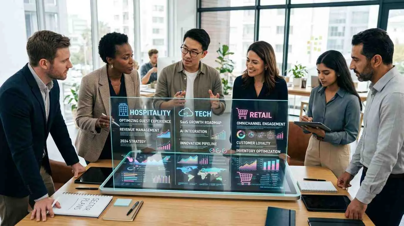 Een divers team van professionals bekijkt strategische bedrijfsdata op een futuristisch, transparant digitaal display tijdens een vergadering.