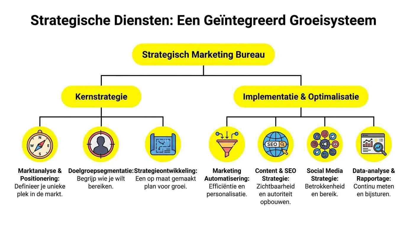 Een organisatieschema dat de diensten van een strategisch marketing bureau voor bedrijfsgroei visueel weergeeft.