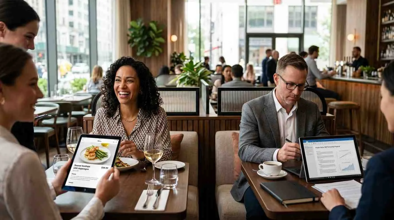 Een diverse zakelijke groep bespreekt samen opties in een elegant restaurant met moderne technologische hulpmiddelen en drankjes.