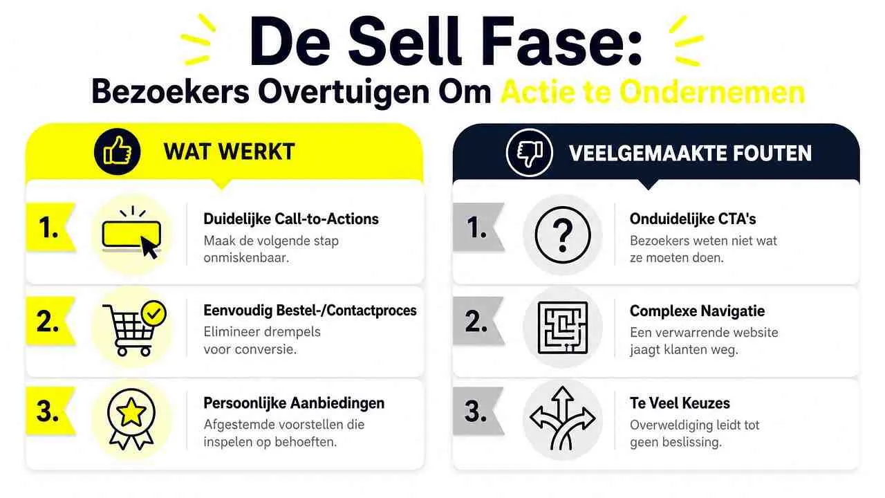Een infographic over de 'Sell-fase' met tips voor effectieve conversie en veelvoorkomende fouten op websites.