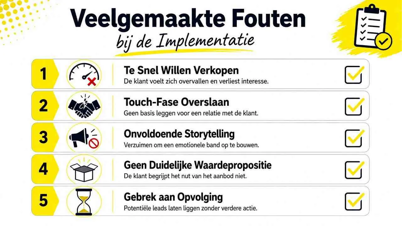 Een overzicht van de vijf meest gemaakte fouten bij het implementeren van verkoopstrategieën en klantrelaties.