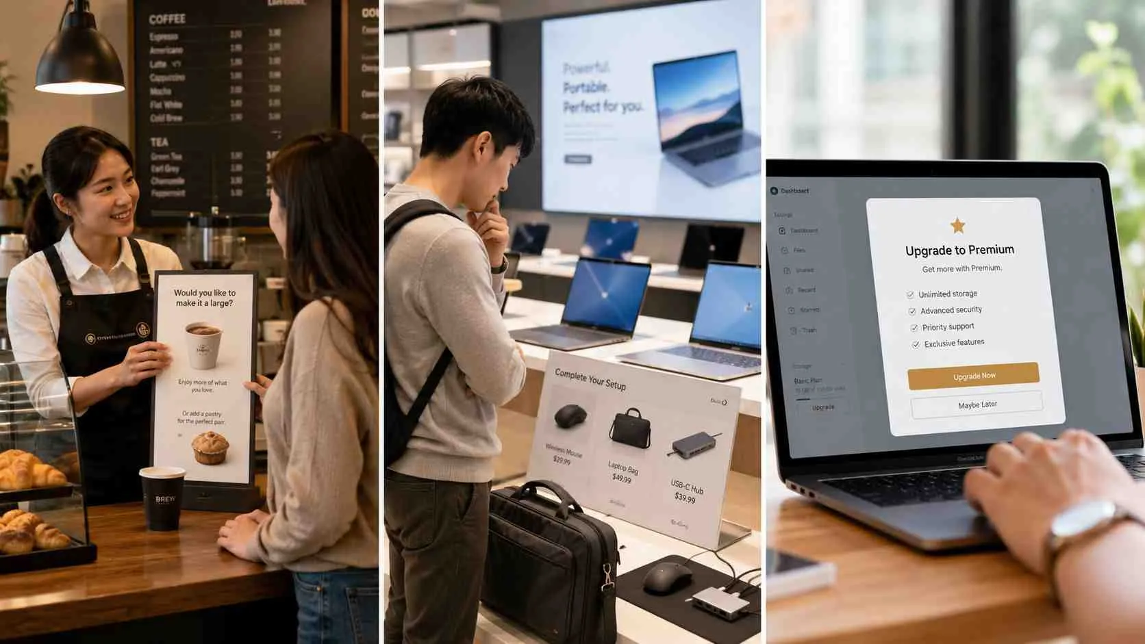 Drie verschillende scènes tonen voorbeelden van upsell- en cross-sellingstrategieën in een winkel- en digitale omgeving.