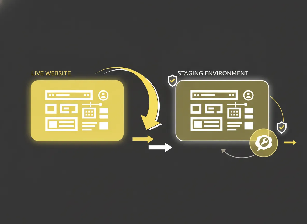 Schema van een live WordPress site naast een veilige staging-omgeving voor het testen van updates