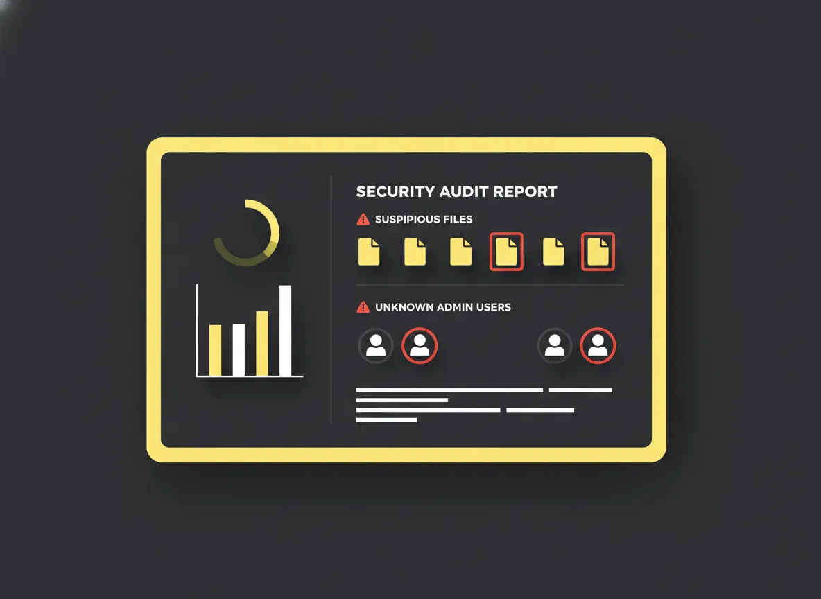 Scherm met een veiligheidsscan die malware en onbekende beheerders op een gehackte WordPress site markeert