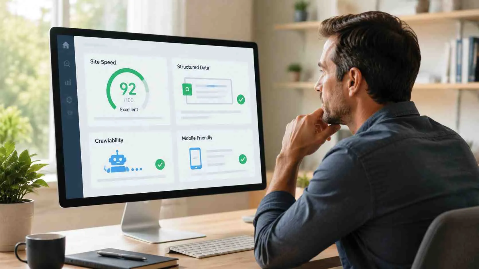 Een man kijkt naar een computermonitor met een SEO-dashboard dat verschillende websiteprestaties en optimalisatiescores weergeeft.