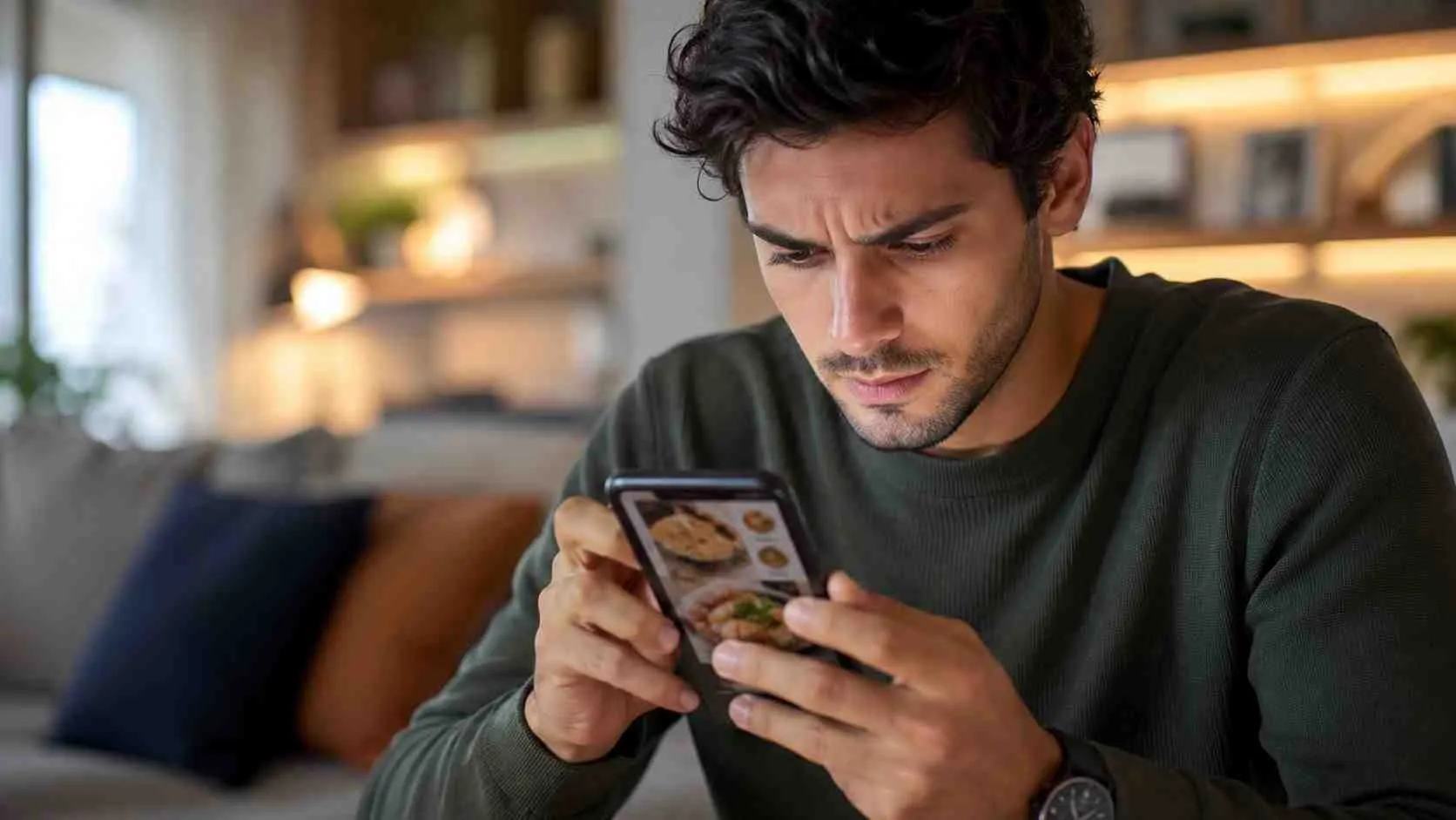 Een jonge man bekijkt aandachtig een menukaart op zijn smartphone in een modern en sfeervol interieur.