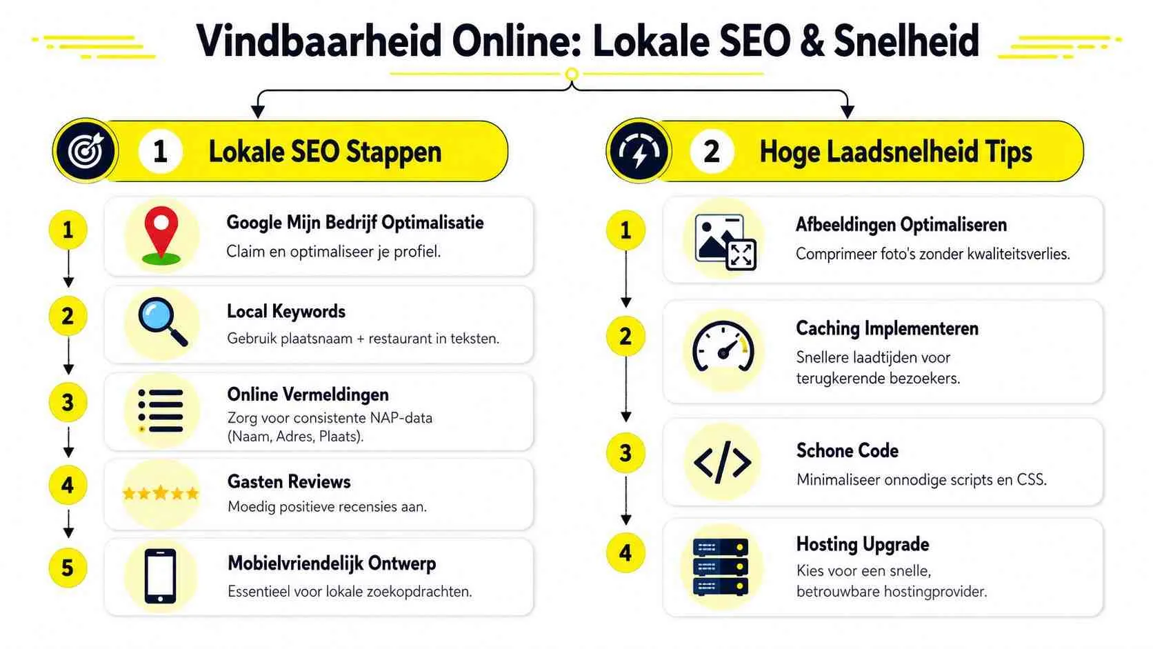 Een infographic met tips voor lokale SEO en het verbeteren van de laadsnelheid voor restaurantwebsites.