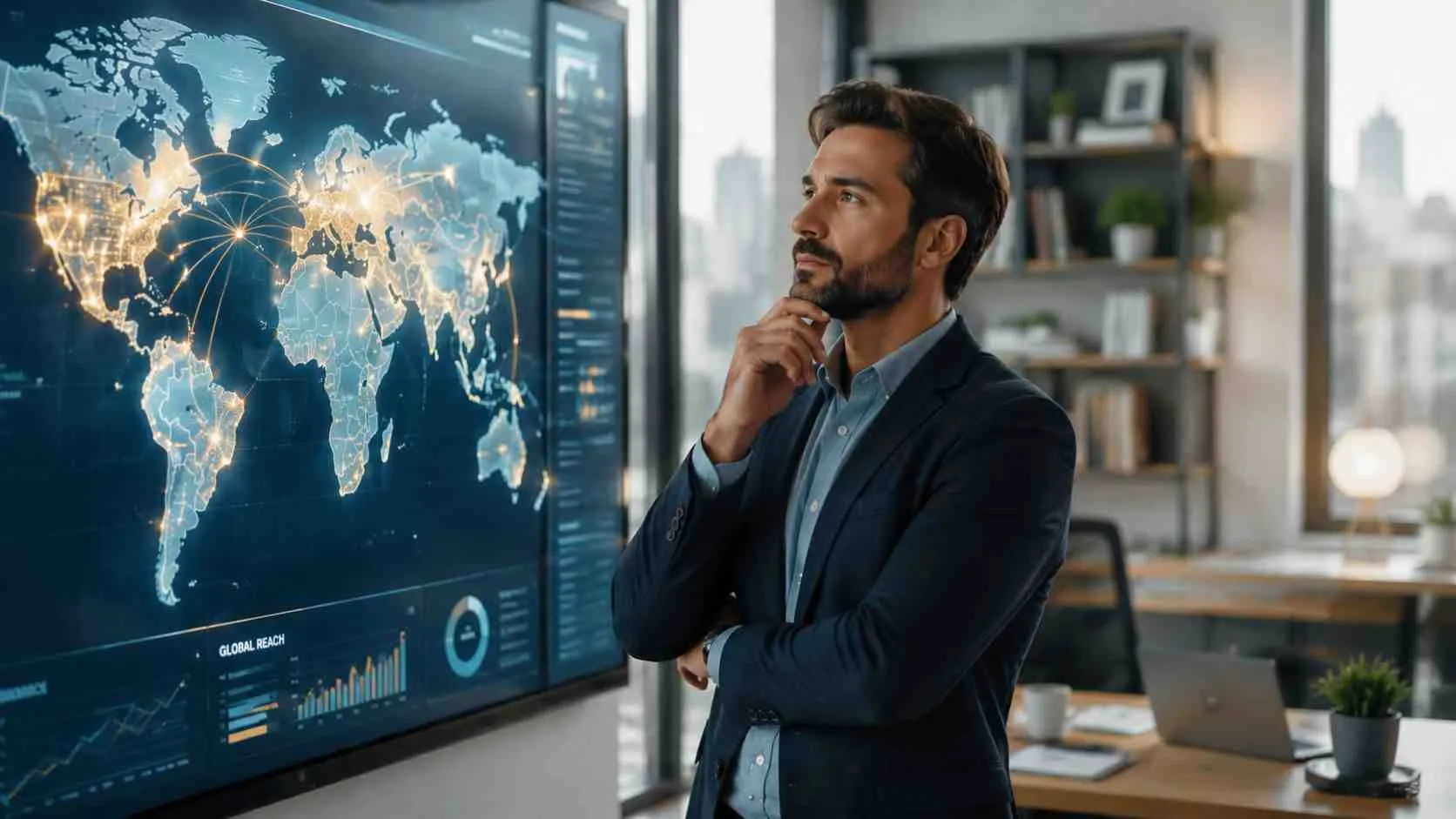 Een zakelijke professional die peinzend naar een grote digitale wereldkaart met netwerkverbindingen op een scherm kijkt.