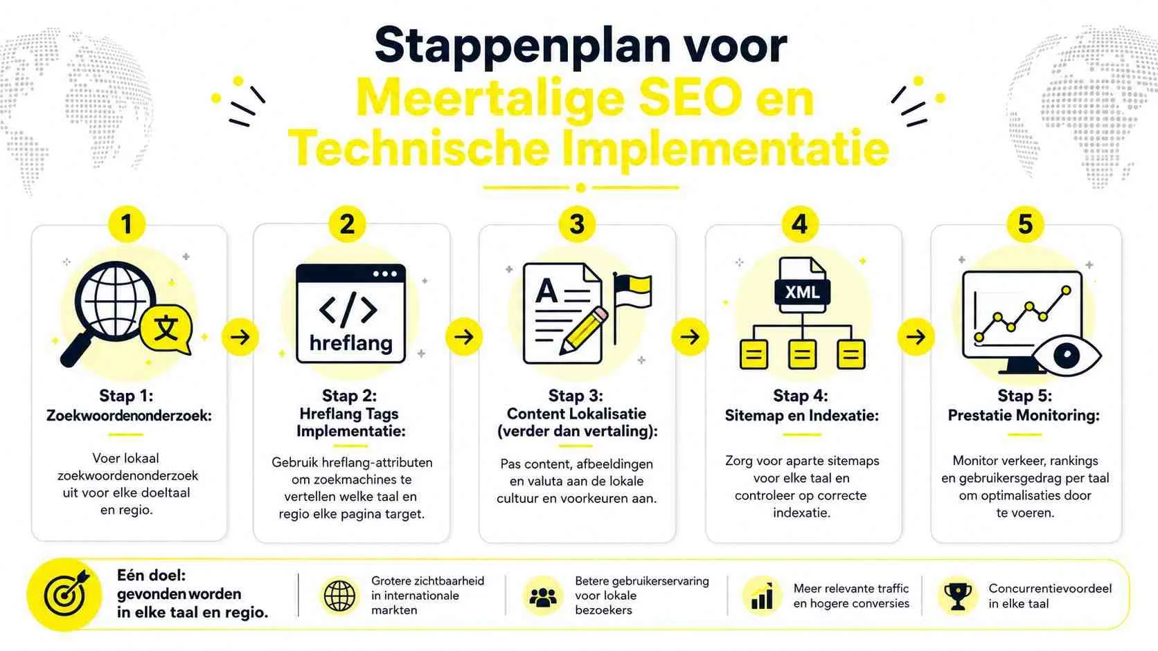 Stappenplan voor meertalige SEO en technische implementatie om internationaal beter gevonden te worden in elke regio.