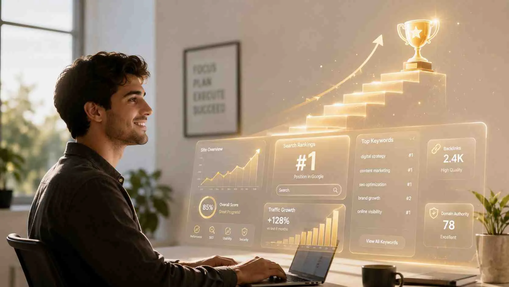 Een glimlachende man die aan zijn laptop werkt met een futuristisch holografisch SEO-dashboard in de lucht.
