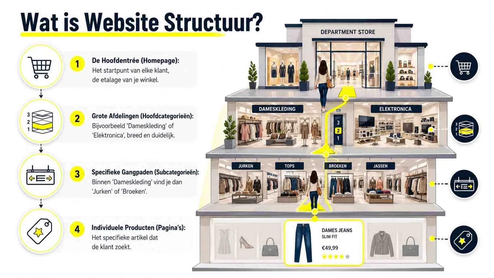 Een visuele uitleg van website structuur door een warenhuis met afdelingen, gangpaden en specifieke producten te vergelijken.