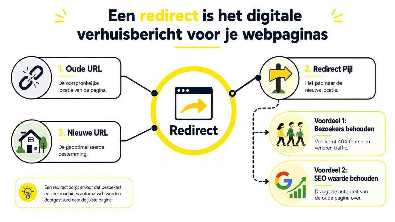Een informatieve infographic die uitlegt wat een redirect is voor webpagina's en de voordelen daarvan.
