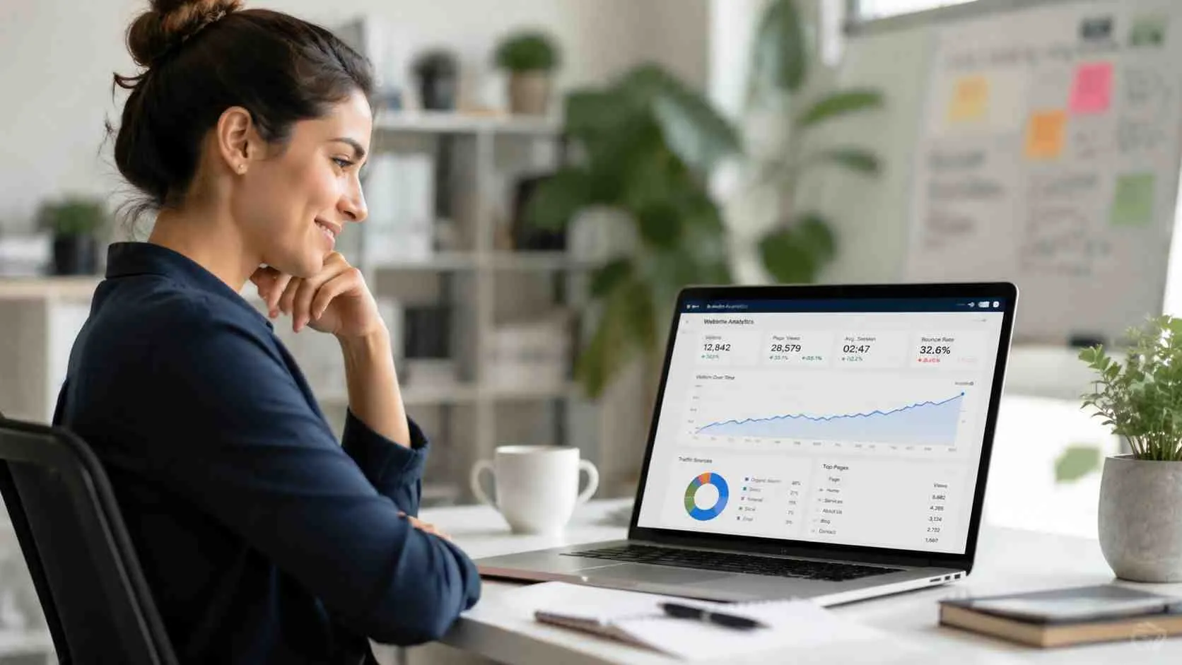 Een glimlachende zakenvrouw kijkt naar een laptop met een website analytics dashboard in een modern kantoor.