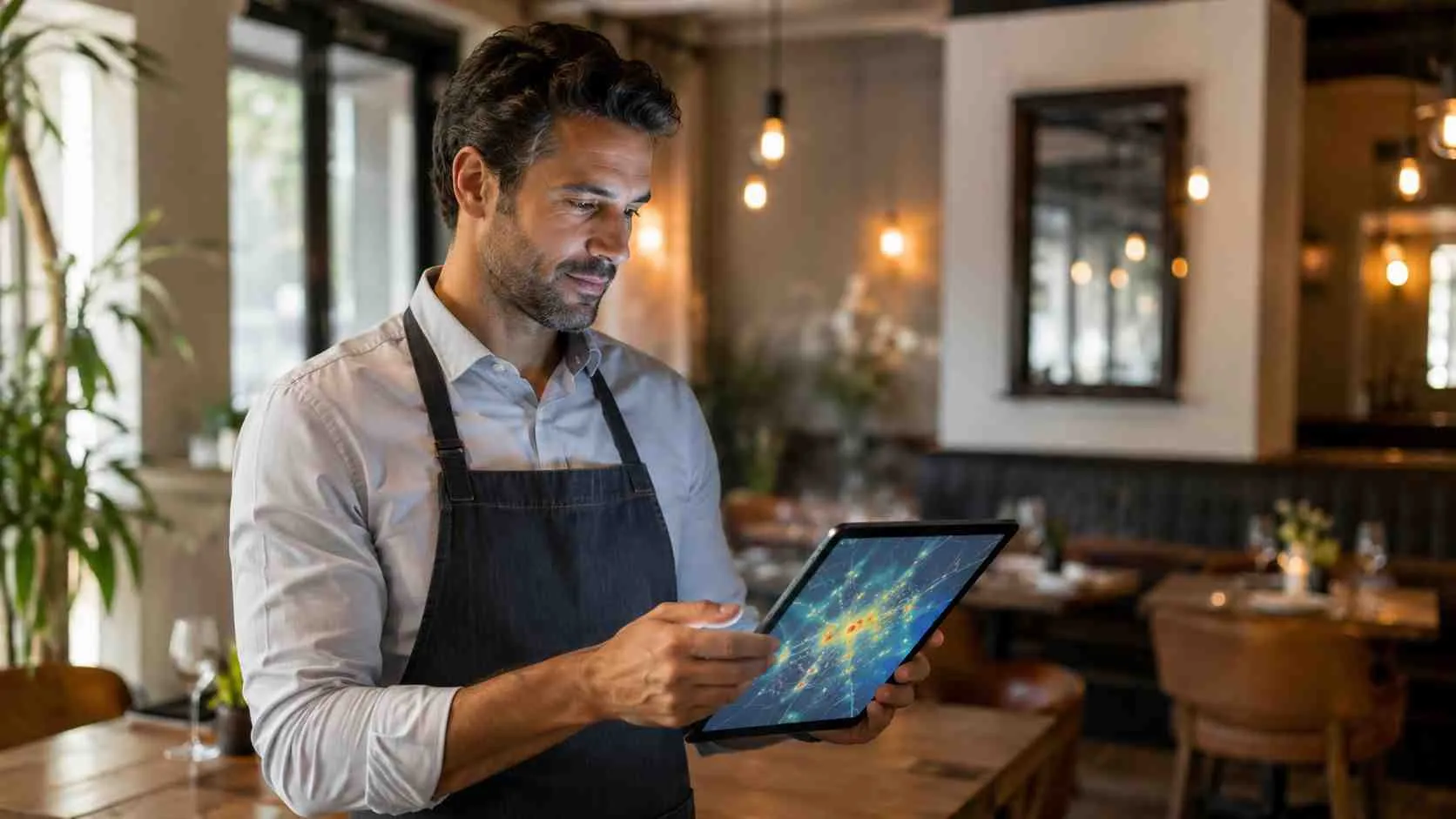 Een ober in een restaurant gebruikt een tablet met een interactieve digitale geografische kaart op het scherm.
