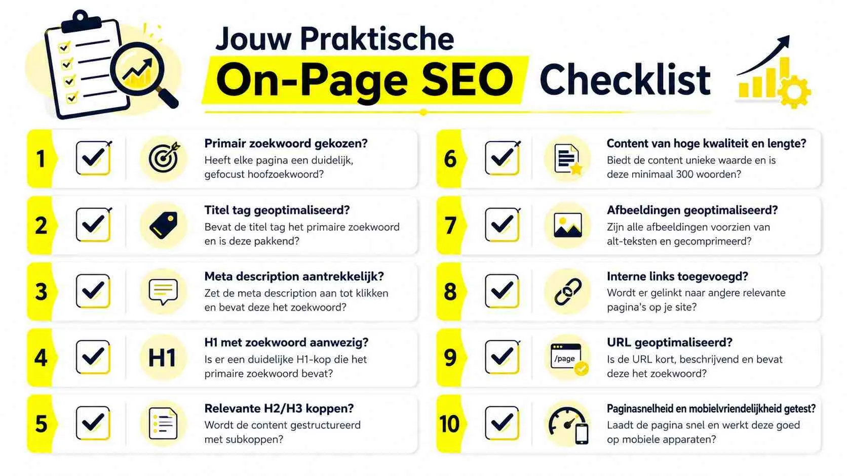 Een overzichtelijke checklist voor on-page SEO met tien belangrijke stappen voor een betere vindbaarheid in zoekmachines.