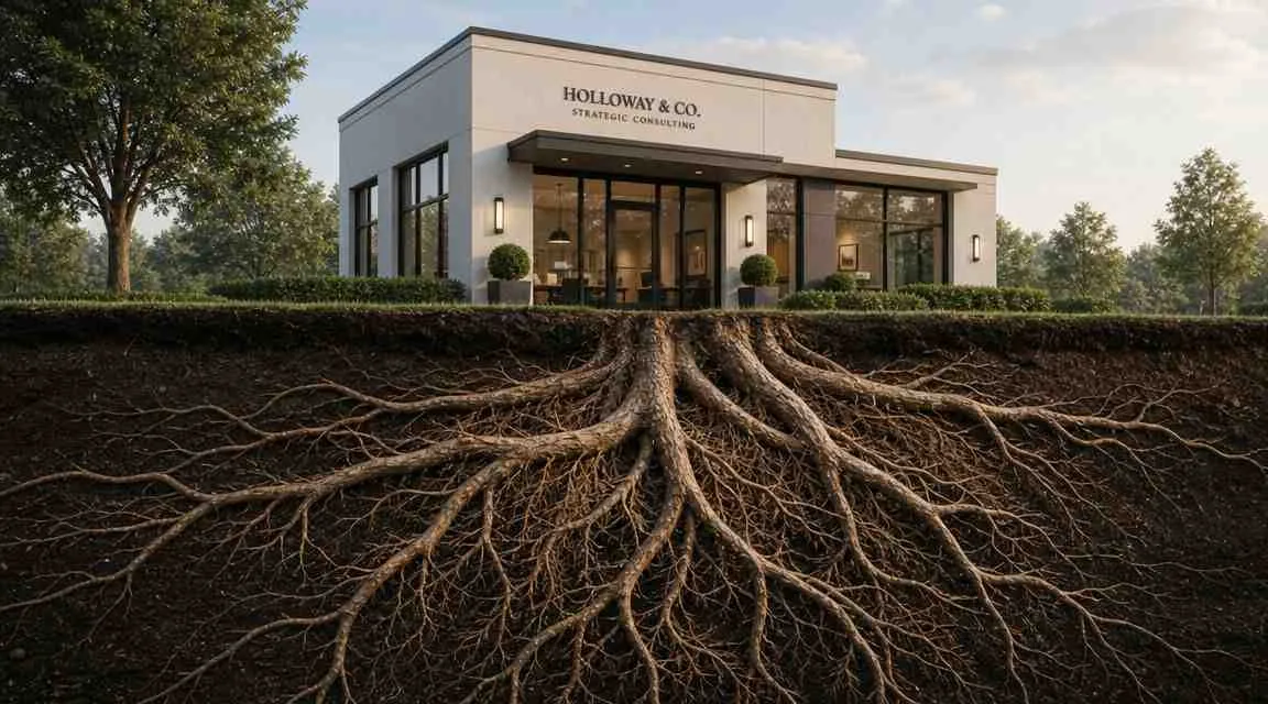 Een modern kantoorgebouw van Holloway & Co staat op een grote boomstronk met uitgebreide wortels in de grond.