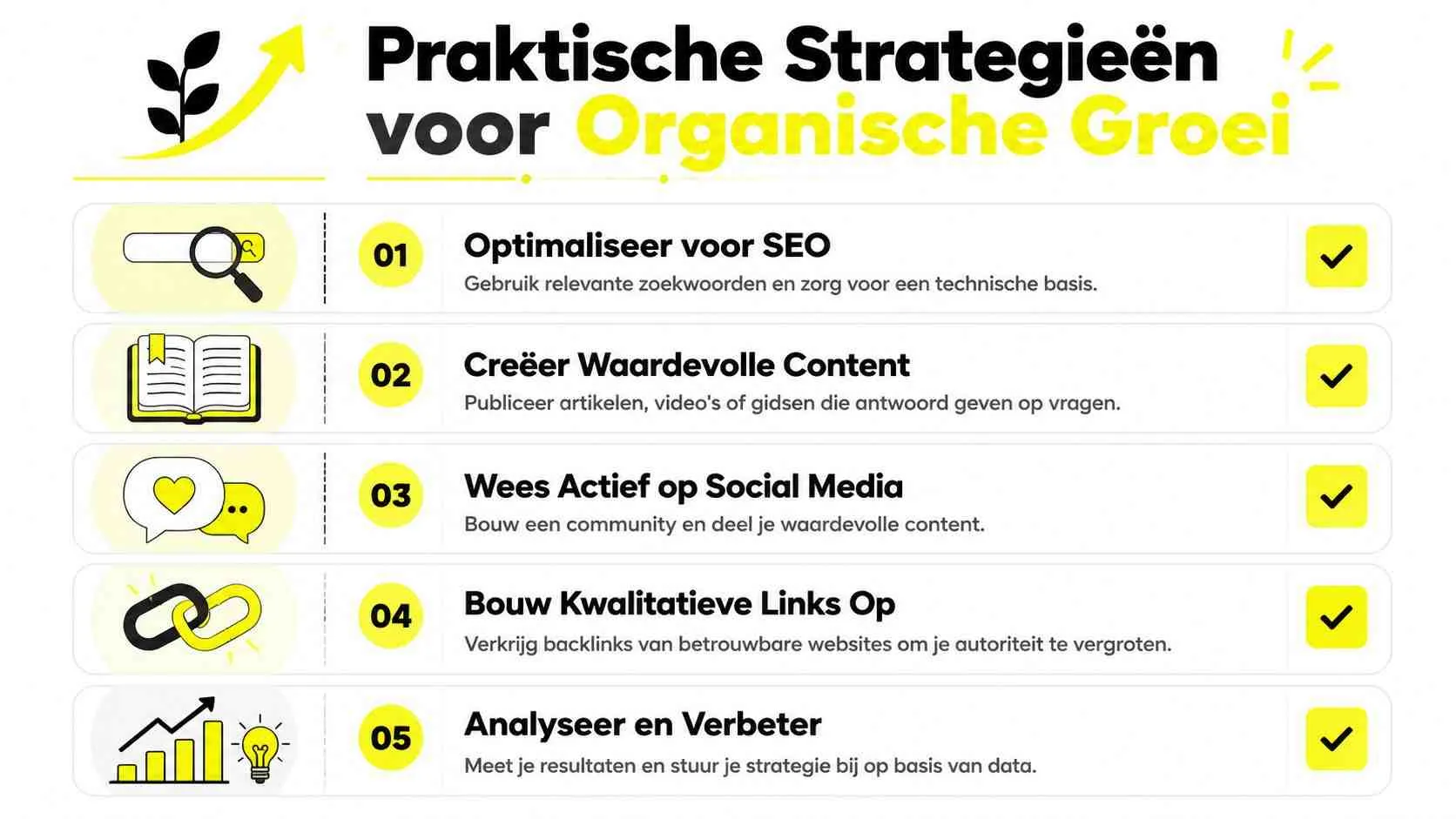 Een infographic die vijf praktische strategieën voor organische groei van een website in het Nederlands weergeeft.