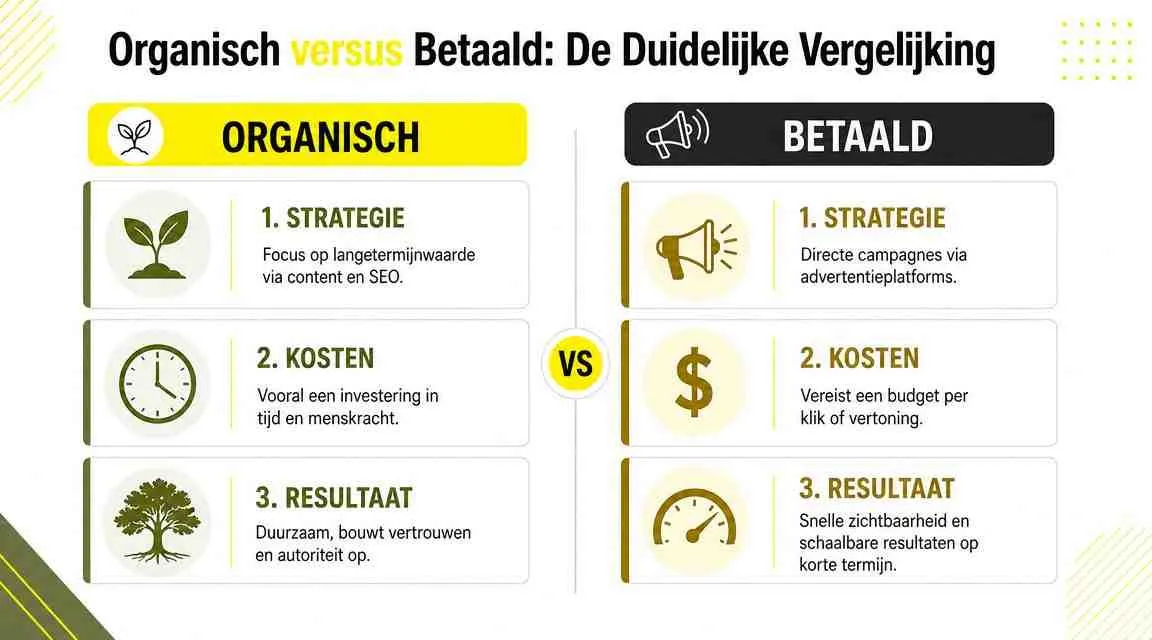 Een infographic die de belangrijkste verschillen tussen organische marketing en betaalde advertenties in Nederland vergelijkt.