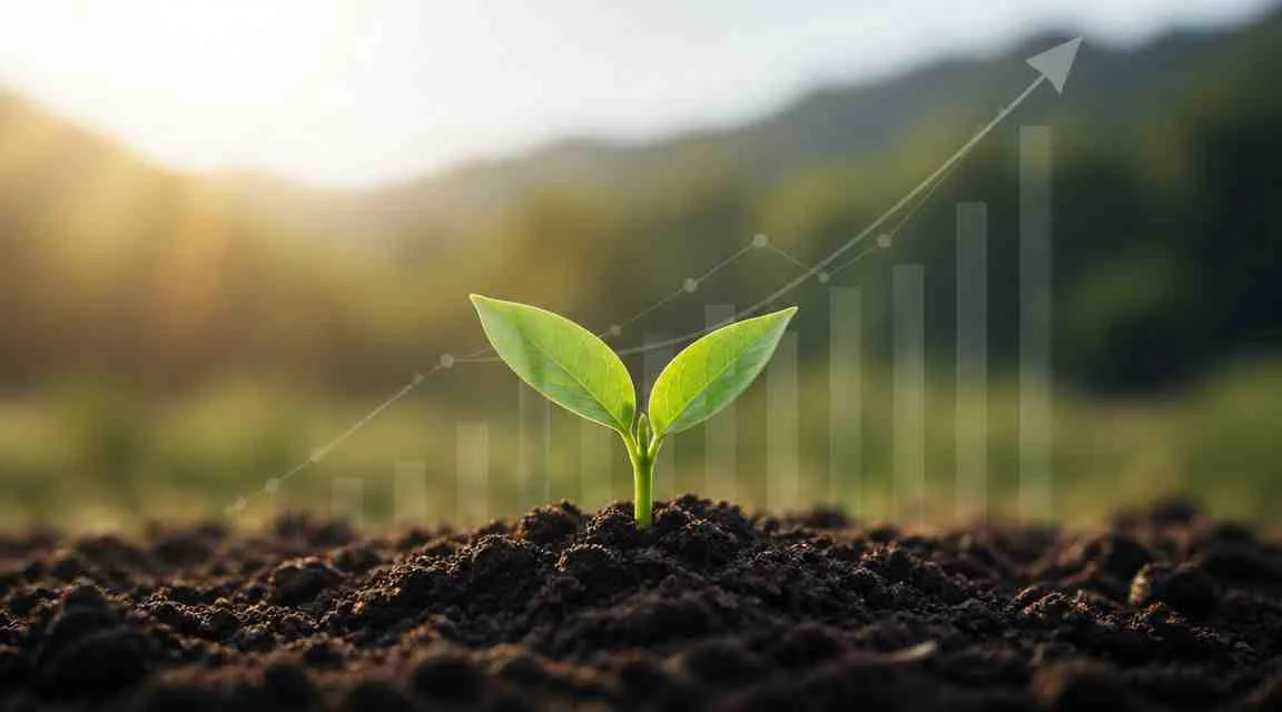 Een klein groen plantje dat groeit uit vruchtbare aarde met een opwaartse grafiek op de achtergrond.