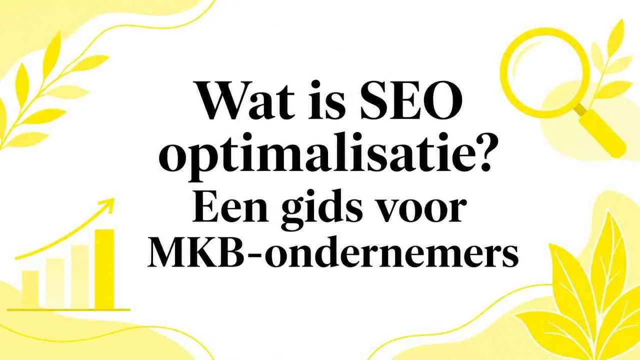 SEO optimalisatie gids voor MKB-ondernemers met zoekpictogram en groeiende grafiek illustraties