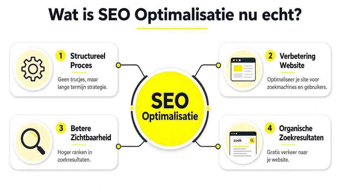 Een informatieve infographic die uitlegt wat SEO optimalisatie inhoudt met vier belangrijke kernpunten en een centraal symbool.