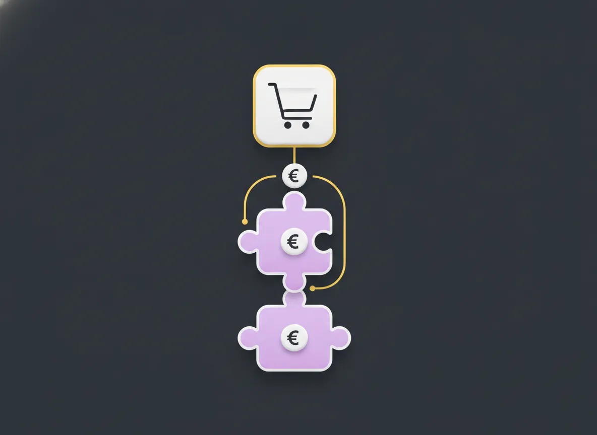 Illustratie van plugin-puzzelstukjes met euro-symbolen die aansluiten op een centrale webshop
