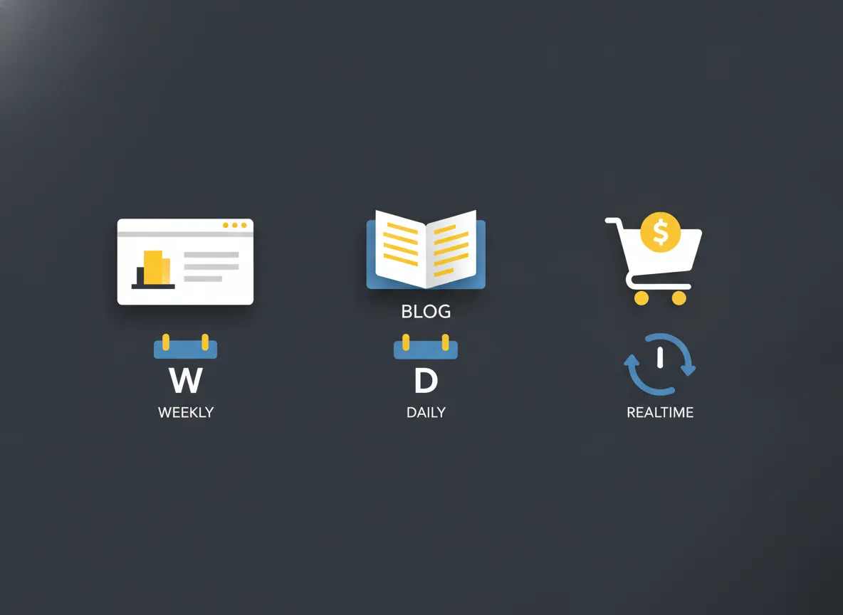 Overzicht van backupfrequenties per type website, van wekelijks tot realtime
