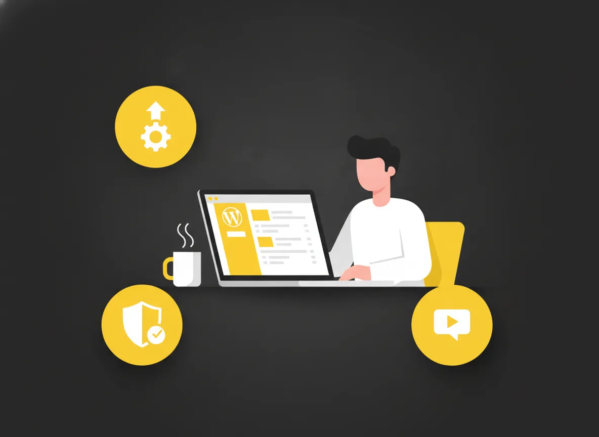 Wekelijkse WordPress onderhoudsronde met updates, back-upcontrole en formuliertest op een laptop