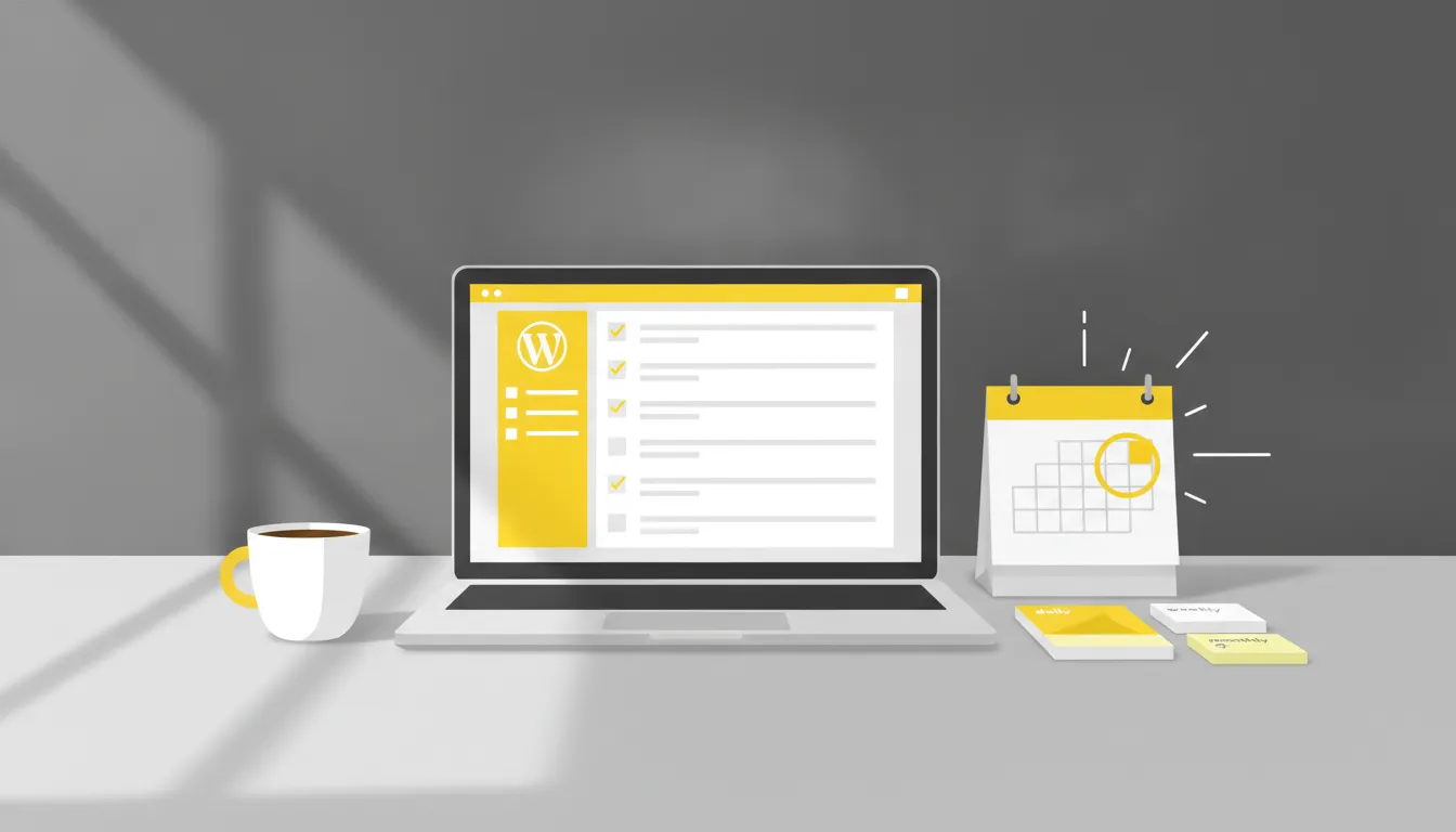 Bureau met laptop en kalender die een WordPress onderhoud checklist met terugkerende taken toont