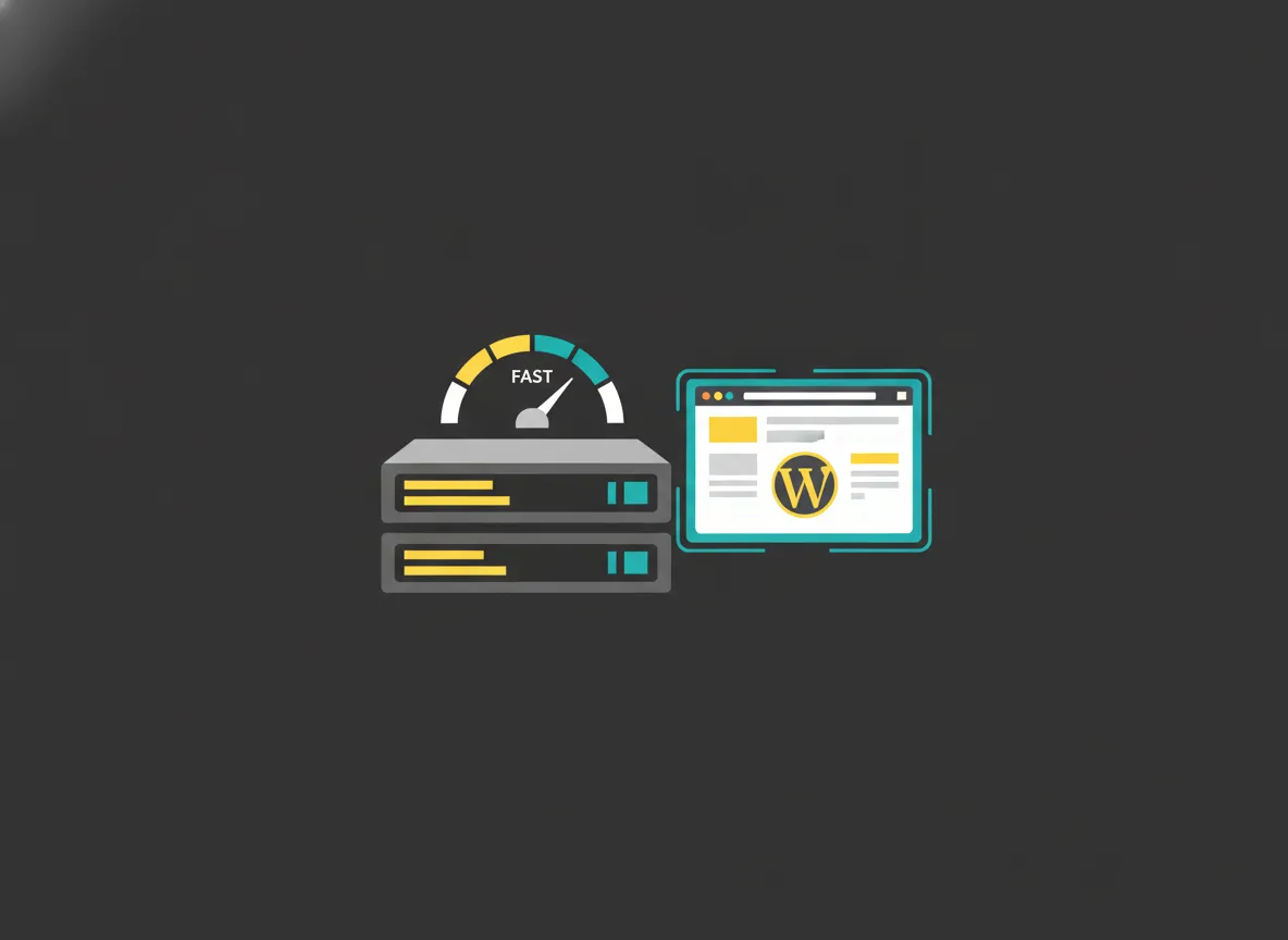 Serverrack dat WordPress hosting voorstelt met een snelheidsmeter ernaast